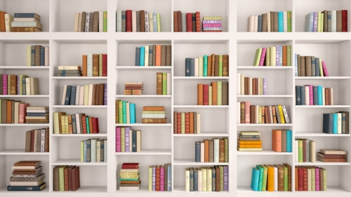 A home library organised on white box shelves with plenty of pleasing empty space A home library organised on white box shelves with plenty of pleasing empty space